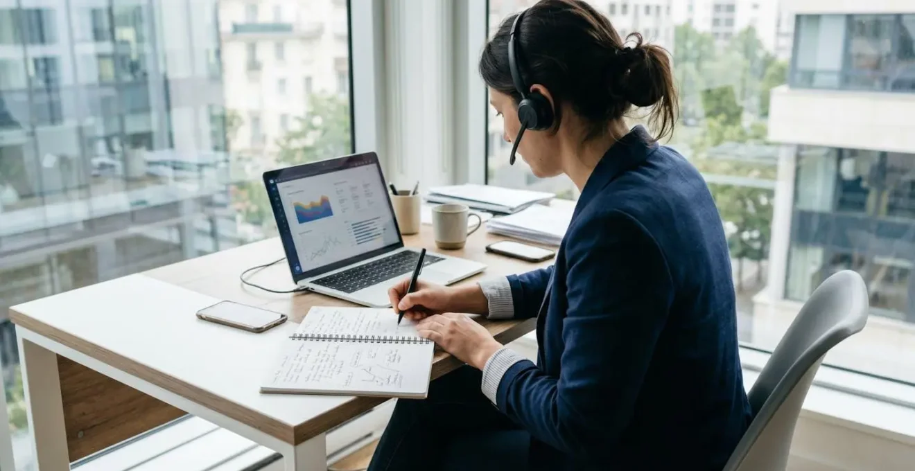 Personne de dos en appel téléphonique avec casque audio sans fil, prenant des notes manuscrites dans un carnet ouvert, assise à un bureau minimaliste près d'une fenêtre avec lumière naturelle