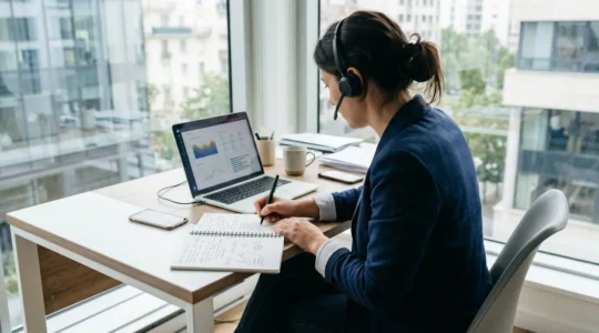 Personne de dos en appel téléphonique avec casque audio sans fil, prenant des notes manuscrites dans un carnet ouvert, assise à un bureau minimaliste près d'une fenêtre avec lumière naturelle