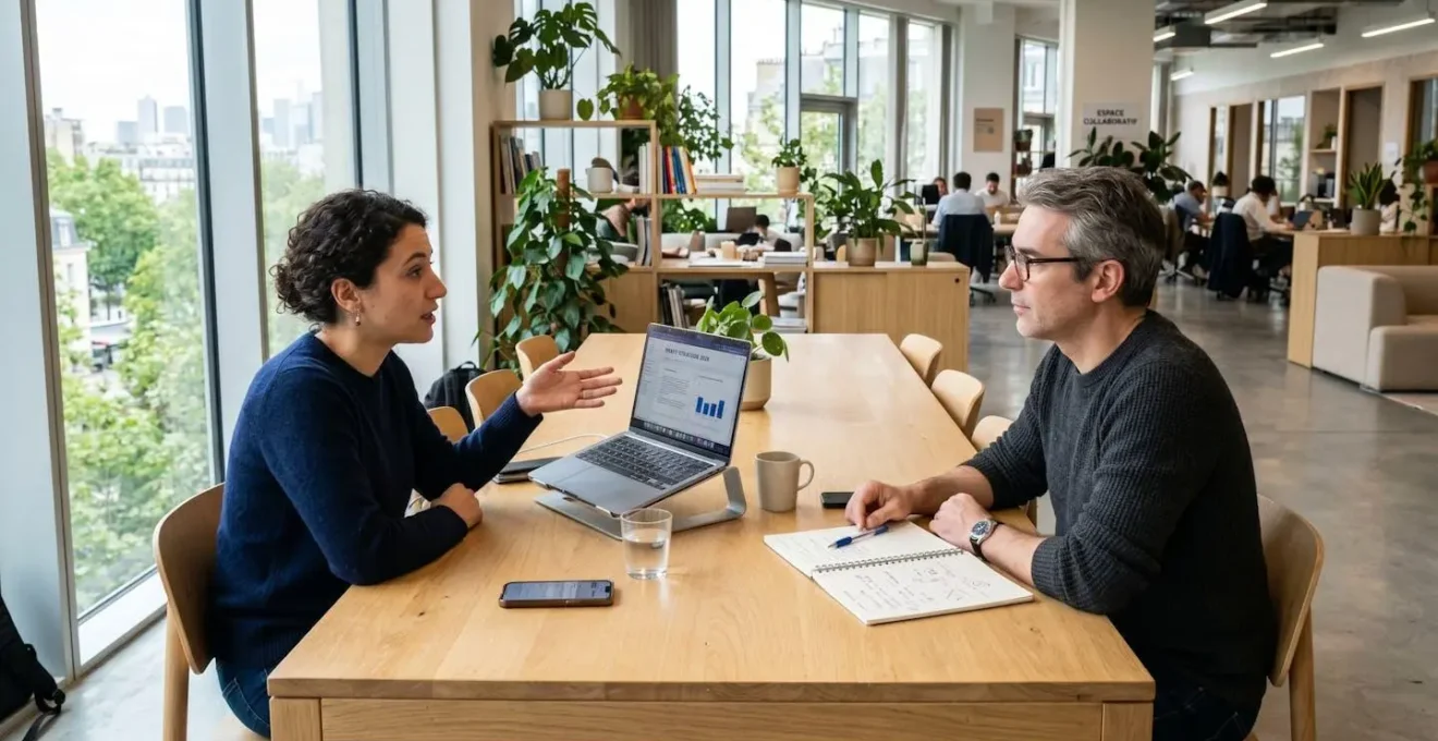 Deux personnes de profil en discussion professionnelle face à face à travers une table moderne, l'une gesticulant subtilement de la main gauche en parlant, l'autre écoutant attentivement avec carnet ouvert, espace coworking contemporain avec lumière naturelle diffuse venant de grandes fenêtres, arrière-plan flou avec plantes vertes et mobilier neutre