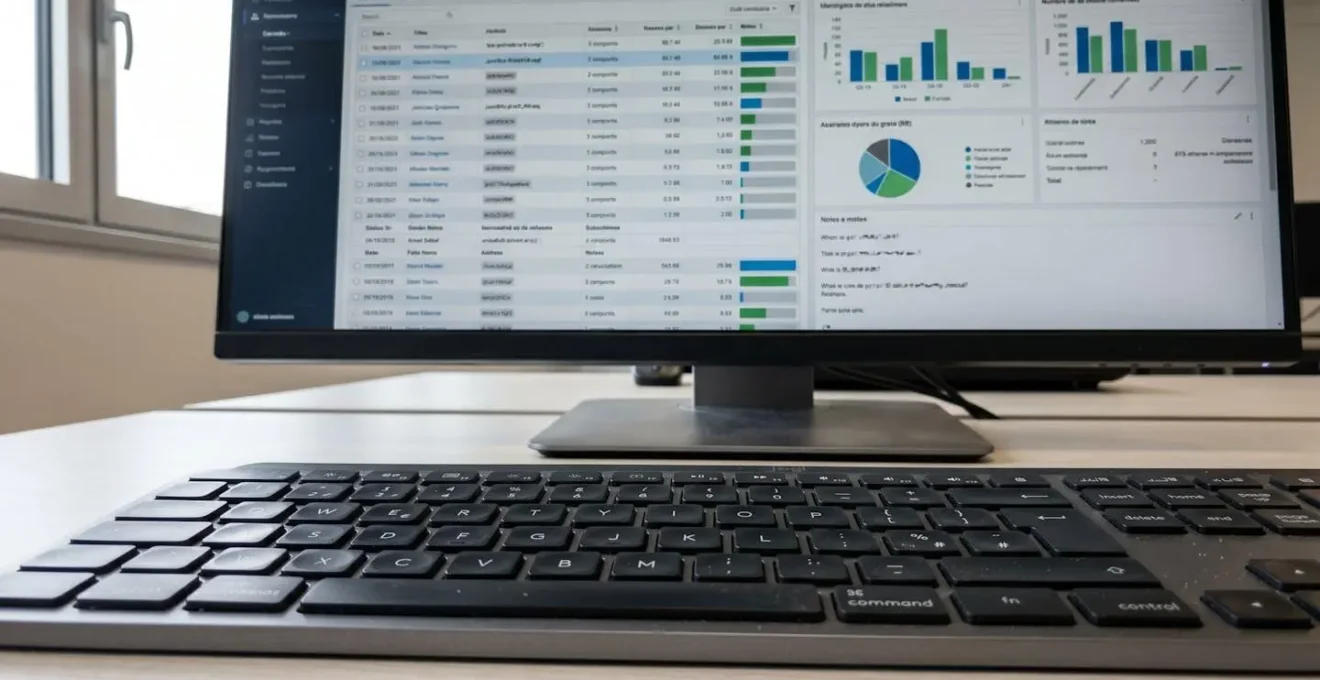 Gros plan sur écran d'ordinateur affichant interface CRM avec colonnes de notes client et détails tarifaires, clavier moderne partiellement visible au premier plan, lumière naturelle latérale venant d'une fenêtre, bureau contemporain avec surface légèrement texturée