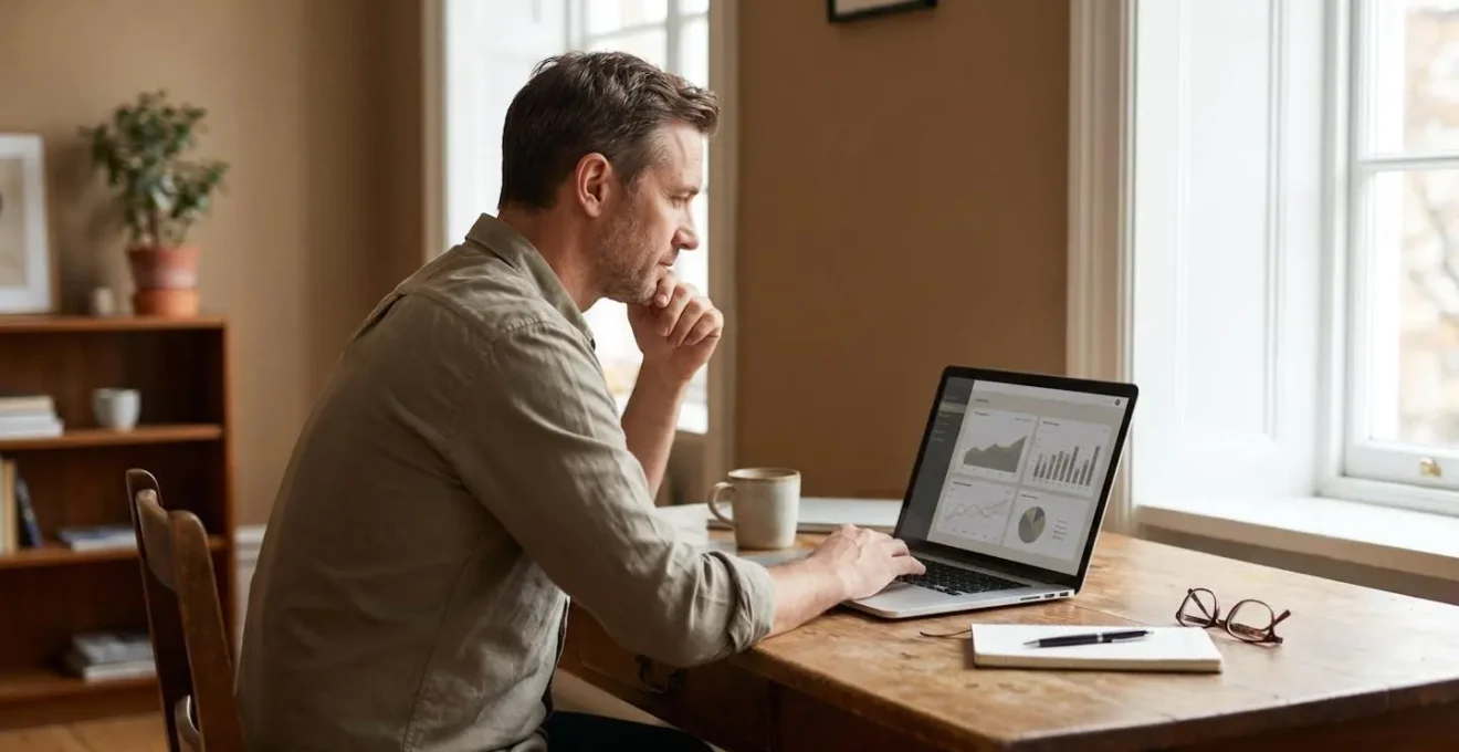Entrepreneur concentré travaillant sur la stratégie SEO de son site web sur un ordinateur portable