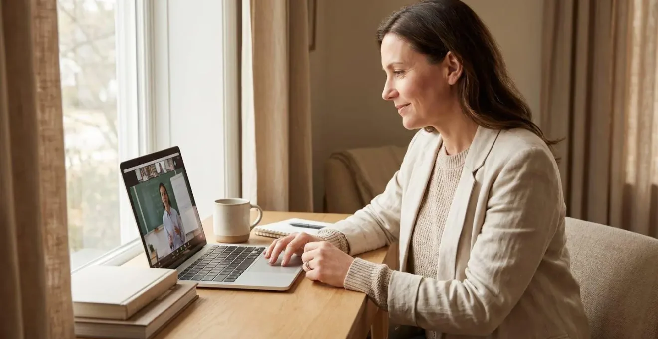 Entrepreneur participant à une formation SEO en ligne depuis son bureau à domicile, écran visible, posture détendue et concentrée